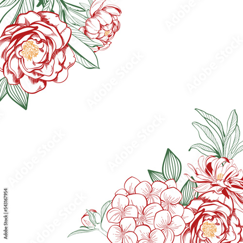 layout for advertising,invitations,labels with hydrangea and peony flowers.Botanical graphic in vintage style.Vector design.