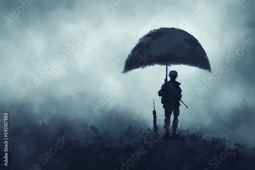 soldier standing alone after the war in battlefield