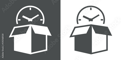 Logo entrega rápida. Icono aislado con silueta de caja de cartón abierta con esfera de reloj en fondo gris y fondo blanco