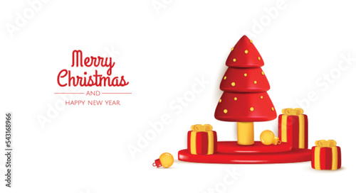 Christmas and New Year festive red background with round podium with realistic 3d balls, christmas trees, gift box, paper bag. Xmas winter composition. Banner and web poster, cover, brochure