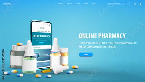 Online pharmacy, banner with smartphone, medications and interface elements