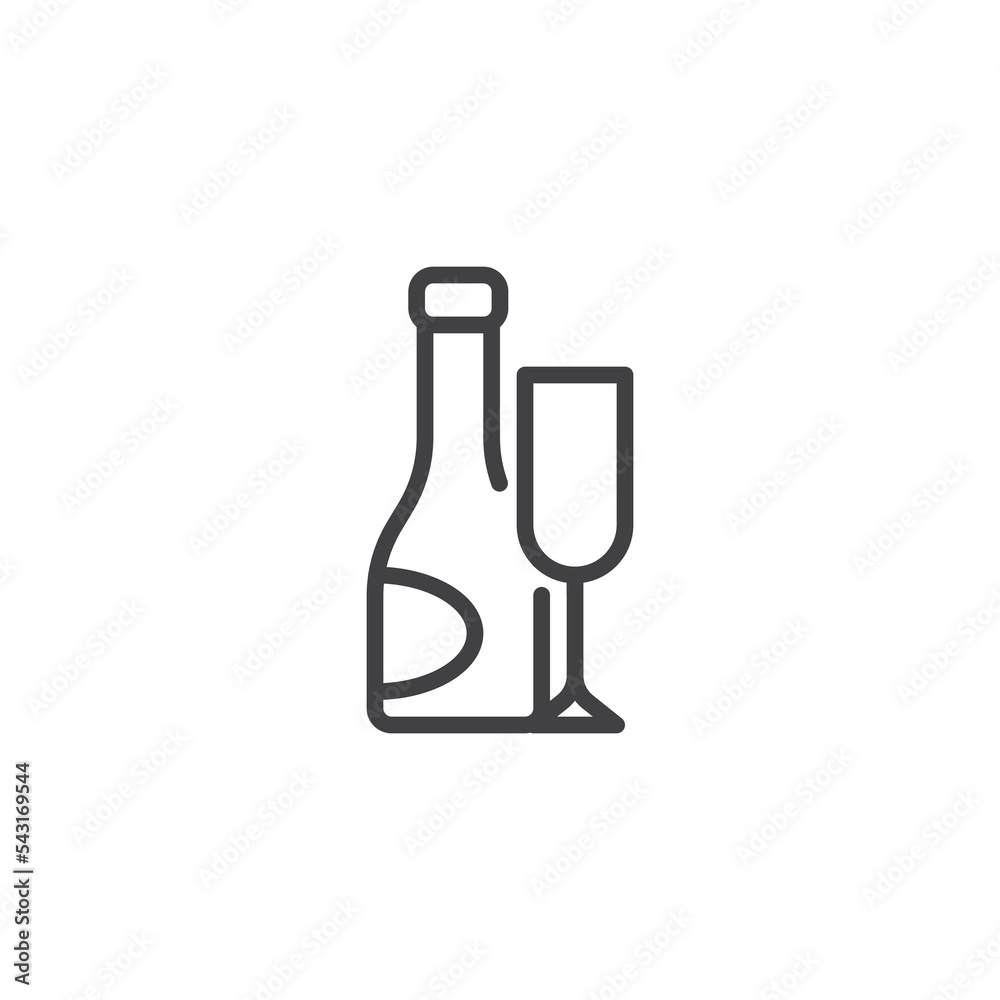Champagne bottle and glass line icon Champagne bottle and glass line icon