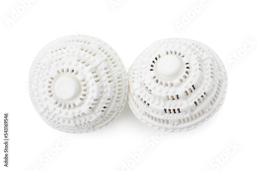Dryer balls for washing machine on white background, top view. Laundry detergent substitute
