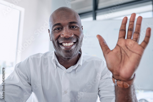 Business video call, wave and black man in office, video conference or meeting. Portrait, hello or greeting of male employee from Nigeria in pov webinar, online sales workshop or interview video chat photo