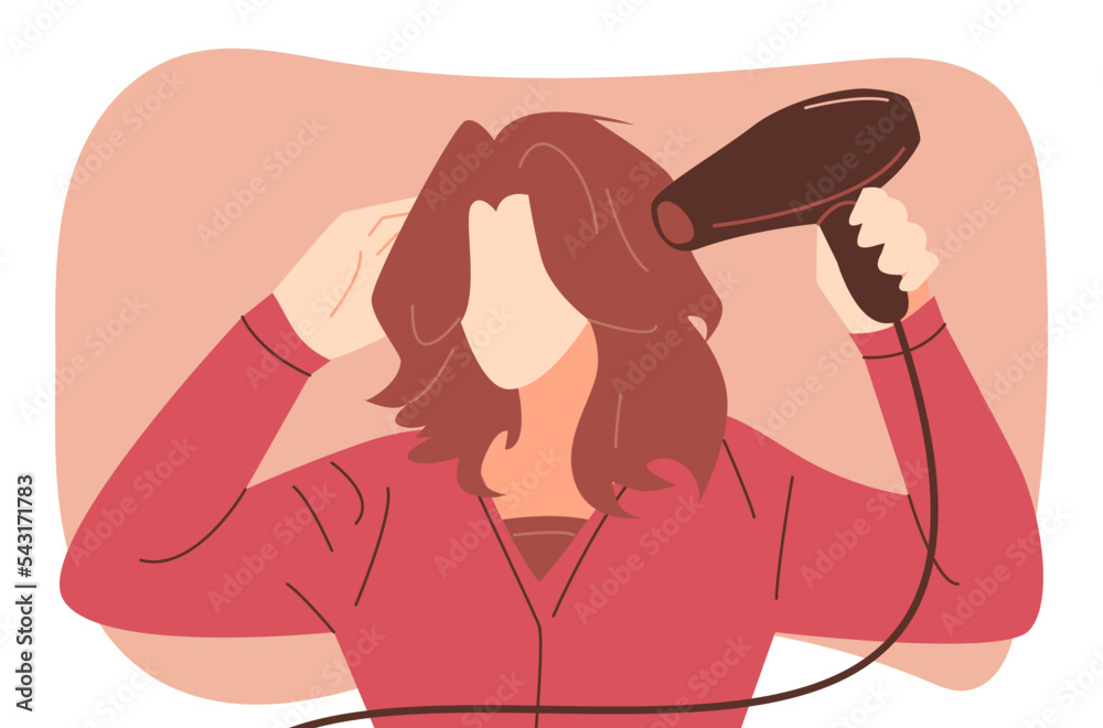 beautiful girl using hair dryer for her hair. the concept of beauty, appearance, grooming, lifestyle, etc. flat vector illustration beautiful girl using hair dryer for her hair. the concept of beauty, appearance, grooming, lifestyle, etc. flat vector illustration