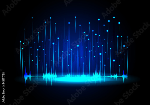 audio signal on a bright stage It has beams and lights and a square bar of sound graph behind it, on a black background.