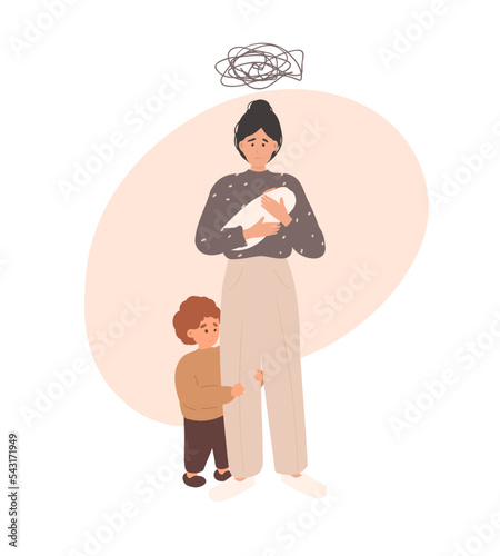 Postpartum depression, sad woman with baby and child toddler and chaos line. Cartoon flat vector illustration. Mother in depression, motherhood burnout. Mental health concept