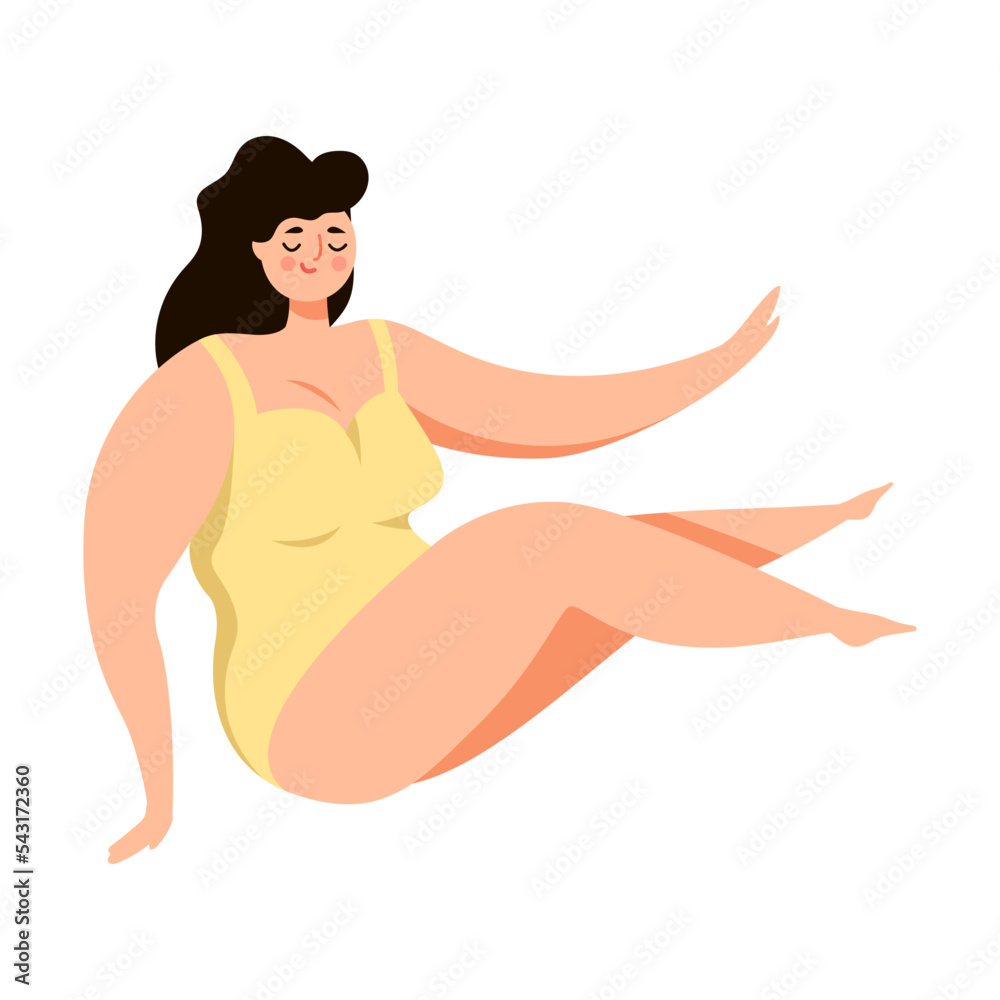 Plus size beautiful woman sitting on the beach. Vector illustration of female character in bikini. Cartoon person isolated on white Plus size beautiful woman sitting on the beach. Vector illustration of female character in bikini. Cartoon person isolated on white