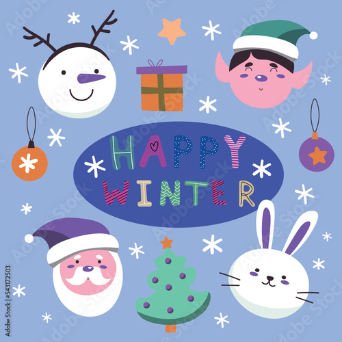 Christmas, New Year cute elemets set patches of Santa Claus, rabbit, elf and snowman head,candy, gift, ball, Christmas tree on blue background. Vector illustration. EPS