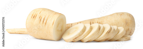 Tasty fresh ripe parsnips on white background