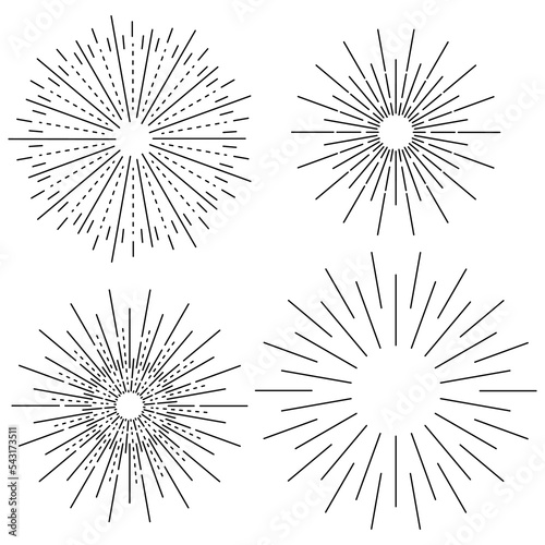 Sunburst set. Hand drawn sunrise firework sunset blast sunbeam burst sunshine ray decorative retro vintage vector line radial elements