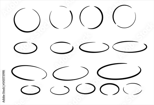 Set of circles. Geometric round. Collection of black sketch ring and oval shapes.