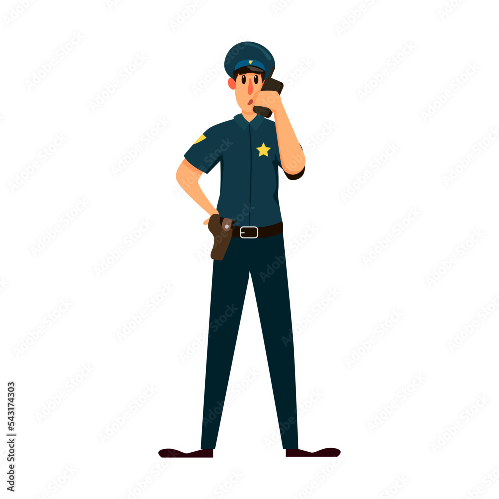 Policeman character calls for reinforcements on radio. Vector illustration of patrol officer in cop. Cartoon Policeman isolated on white Policeman character calls for reinforcements on radio. Vector illustration of patrol officer in cop. Cartoon Policeman isolated on white