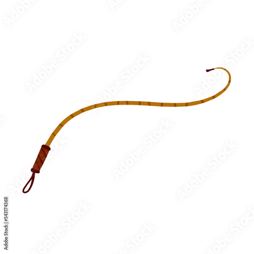 Whip for training an animal. Long cord. Horsewhip of Wild West. Flat cartoon. Concept of slavery, submission and domination