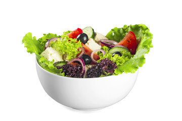 Close-up photo of fresh salad with vegetables in white plate
