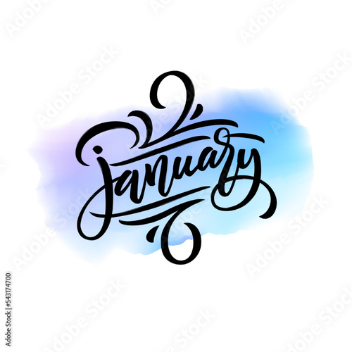 Handwritten lettering of winter month JANUARY on watercolor splash background. Vector illustration with calligraphy. Letters drawn with brush. Calendar typography template. Hello January