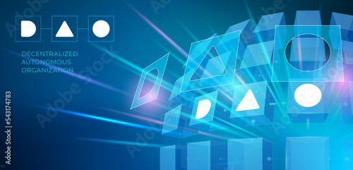 Vector illustration with typography DAO on blue background 3D cubes. Concept of Decentralized Autonomous Organisation, smart contract, cryptocurrency, blockchain technology for infographics