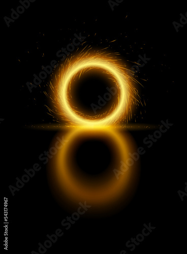 Vector template of bright fiery magical portal with reflection, glowing lights in form of shining sparkling circle on black background. Round frame with luminous trail effect, sparks, fire