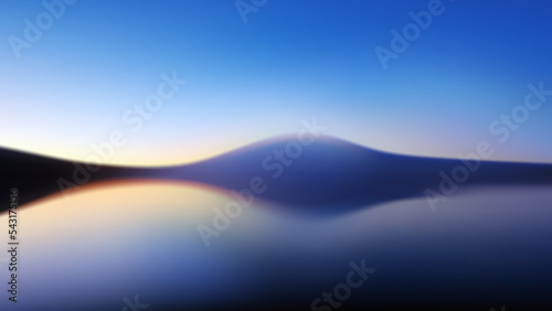 Vector gradient seascape. Landscape lake and mountain in fog. Wavy background. Blurred volumetric silhouettes of hills. Colorful abstract wallpaper.