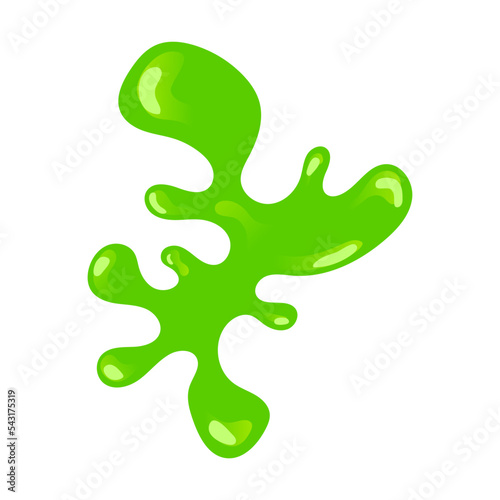 Green slime splash and slippery and nasty blob. Vector illustration of sticky mucus splat or dripping goo liquid. Cartoon slimy droplet isolated on white