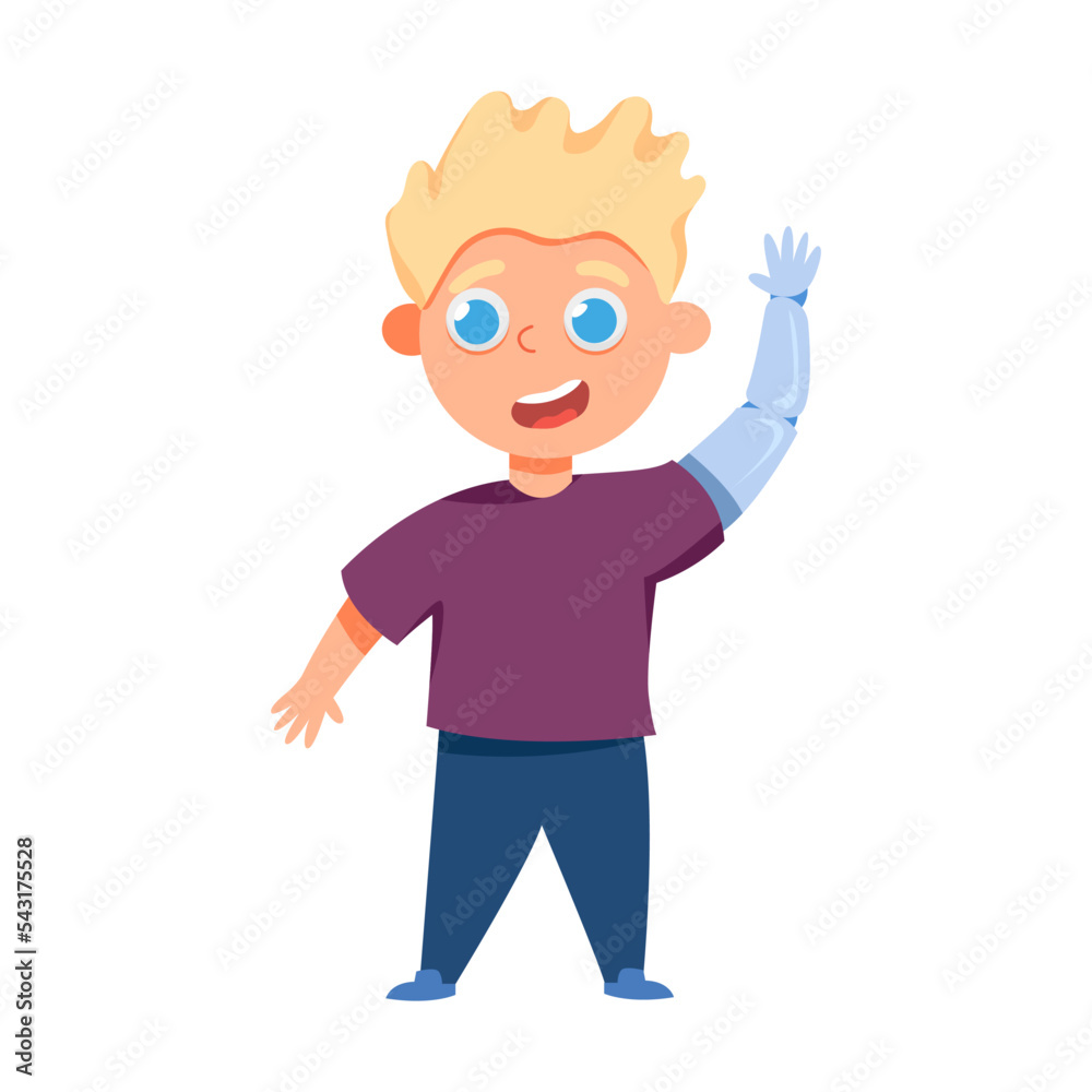 Boy with a prosthetic arm. Kid with disabilities vector illustration. Cartoon child without arm isolated on white background Boy with a prosthetic arm. Kid with disabilities vector illustration. Cartoon child without arm isolated on white background