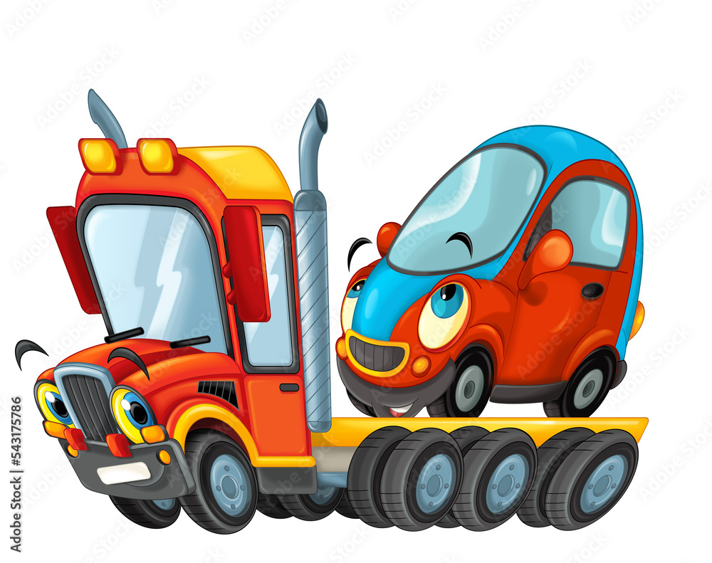Fototapeta premium cartoon scene with tow truck driving with load other car isolated illustration for children