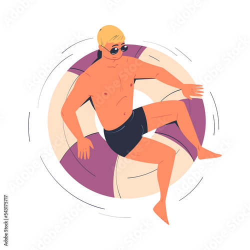 Man Character in Sunglasses Floating on Rubber Ring in Swimming Pool Vector Illustration