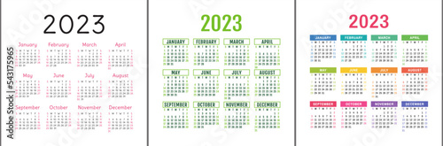 Calendar 2023. Square vector calender design template. English color set. Week starts on Sunday. January, February, March, April, May, June, July, August, September, October, November, December