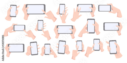 set of hand pose and gesture holding smartphone with empty blank screen