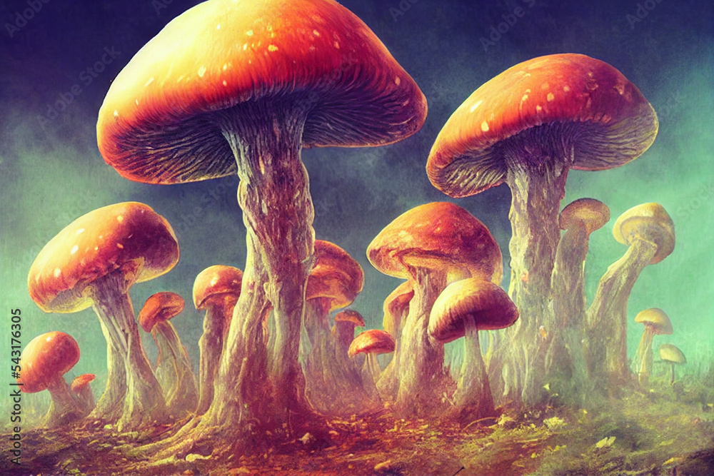 Sinister scary monster mushrooms. Group of nightmare horrid mushrooms, dark cold colors