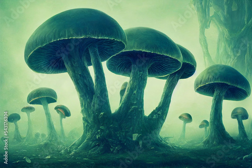 Sinister scary monster mushrooms. Group of nightmare horrid mushrooms, dark cold colors