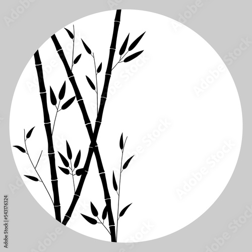 Fototapeta Naklejka Na Ścianę i Meble -  White circle, drawing of bamboo trees. Round frame with branches, bamboo leaves, copy space. Minimalistic background, template for postcard, cover, poster, flyer, banner. Oriental restrained style.