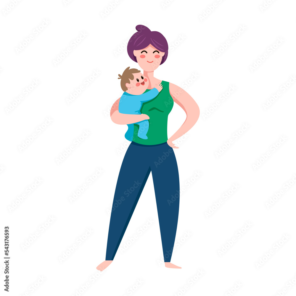 Mom and little baby in a good mood. Vector illustration of woman with newborn child. Cartoon mother isolated on white