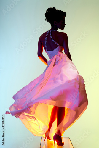 Beautiful young lady posing in a photo studio in a chic dress. S