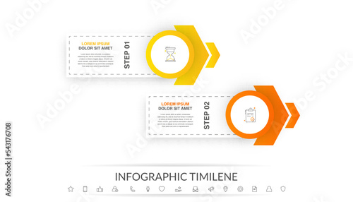 Vector modern infographic with 2 circles and arrows. 3D concept graphic process template with two steps and icons. Timeline for the business project on white background