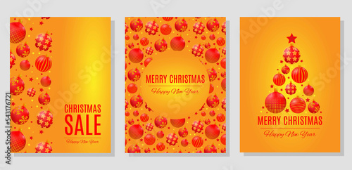 Set of Christmas sale banners with Christmas balls in red and gold colors and gifts.