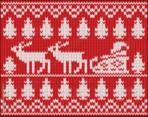 New year holidays knitted pattern with santa claus and christmas reindeer, vector illustration
