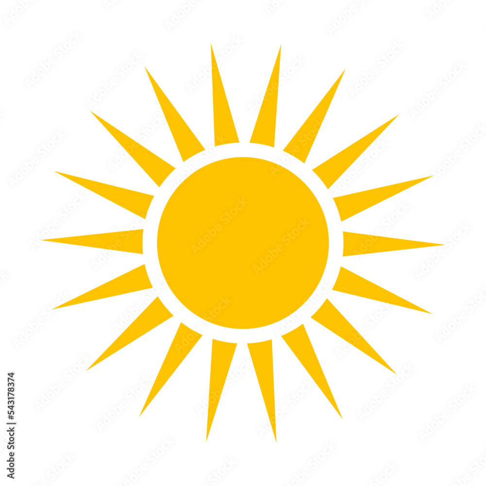 Shape of swelter sun. Vector illustration of bright yellow round sun with rays in summer. Cartoon sunrise glow isolated on white Shape of swelter sun. Vector illustration of bright yellow round sun with rays in summer. Cartoon sunrise glow isolated on white