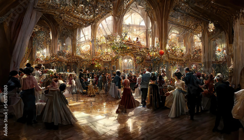 AI generated image of a grand Renaissance Ball in progress. Costumed ball. Medieval dresses