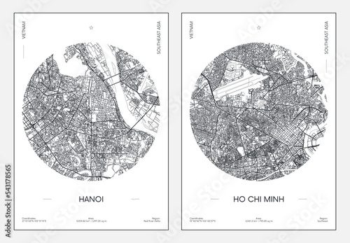 Travel poster, urban street plan city map Hanoi and Ho Chi Minh, vector illustration