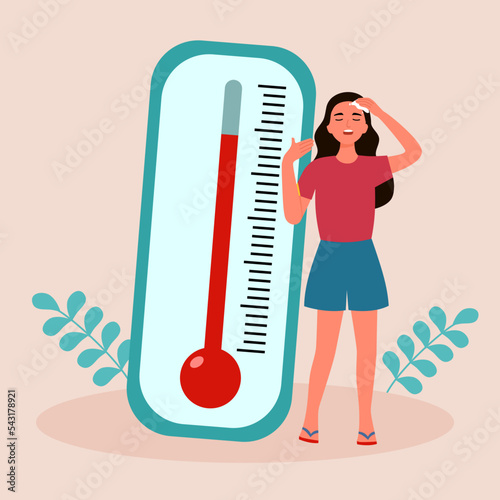 Woman suffering from heat and sweaty dehydration standing with temperature in flat design. Hot summer day.