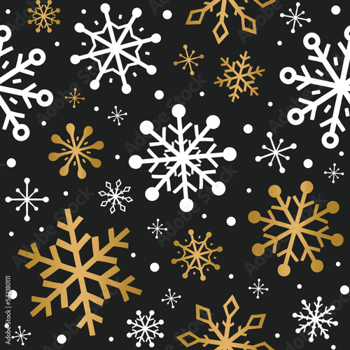 Design of Christmas background with golden snowflakes. Seamless pattern. Vector illustration