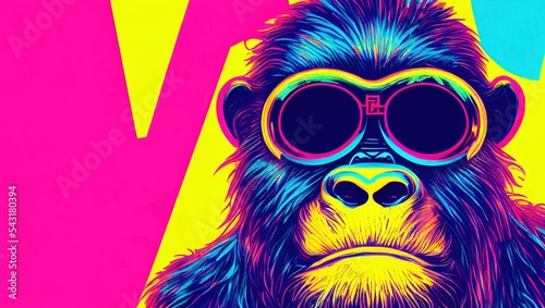 AI-generated illustration of neon gorilla in the background of colorful paint splashes