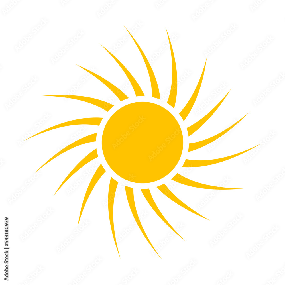 Shape of autumn sun. Vector illustration of bright yellow round sun with rays in summer. Cartoon sunrise glow isolated on white Shape of autumn sun. Vector illustration of bright yellow round sun with rays in summer. Cartoon sunrise glow isolated on white