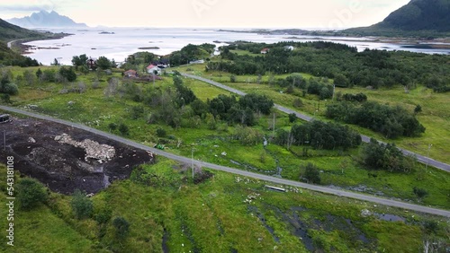 Aerial of a big group of birds flying around in Lofoten, Norway. photo