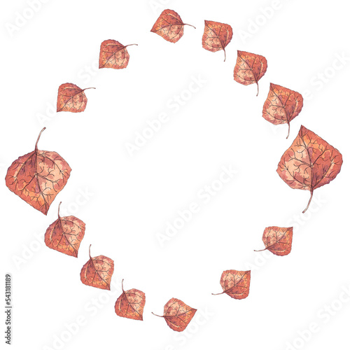 Frame from autumn poplar leaves. Watercolor illustration. Natural design. Greeting card, poster template