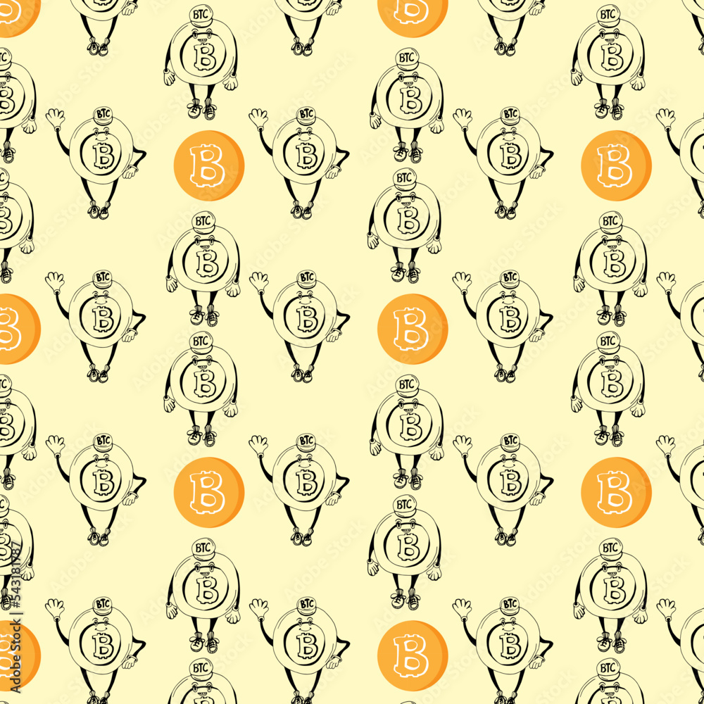 Cute funny Crypto coin character seamless pattern with black coins isolated on white background.Vector Cute funny Crypto coin character seamless pattern with black coins isolated on white background.Vector