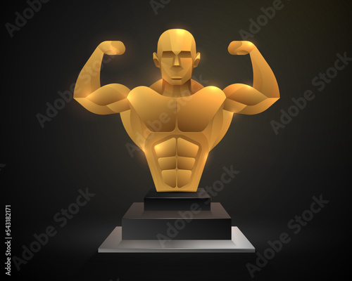 Gold bodybuilding champion award isolated on black background. Bodybuilder golden statue for physique competition winner award.
