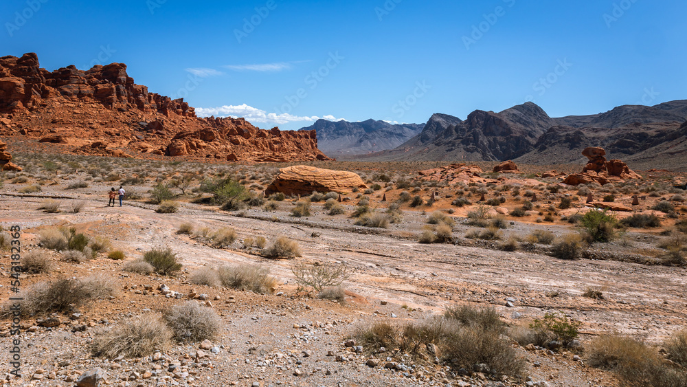 Driving and walking through the Valley of Fire State Park, formed by shifting sand dunes to red sandstone formations, also called Aztec Sandstone, Nevada, USA