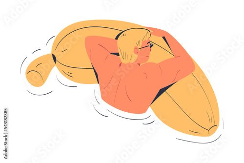 Man Character in Sunglasses Floating on Banana Air Mattress in Swimming Pool Vector Illustration